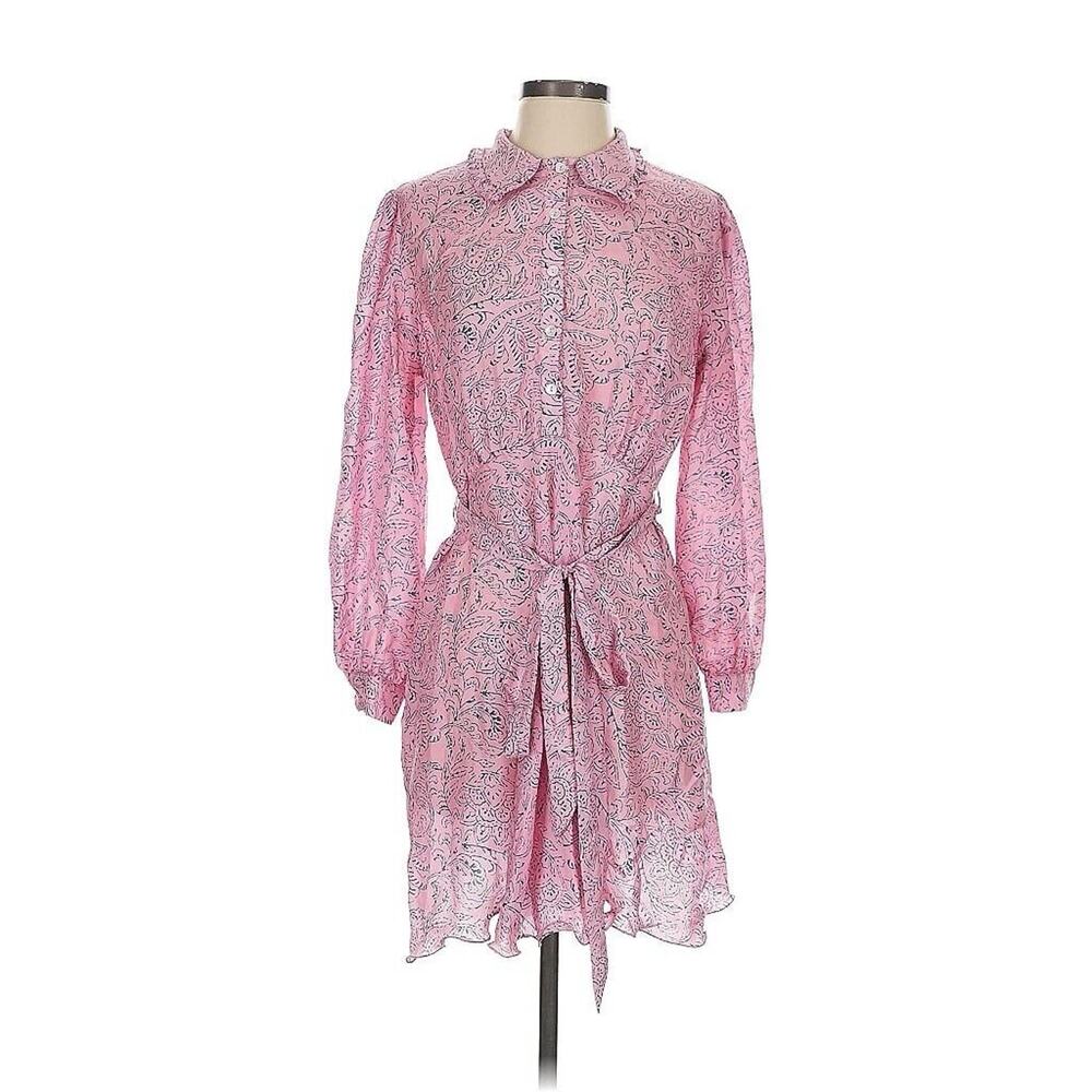 Hannah Artwear Pink Floral Print Collared Shirt Dress Mini Silk Designer 0 US XS